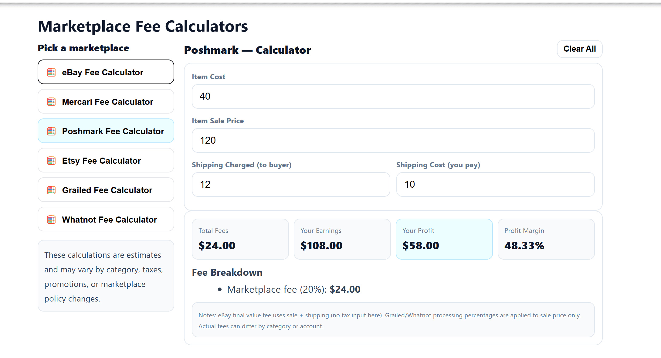 SellEvo marketplace fee and profit calculator interface